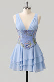 Abito di Homecoming a A-Line rosa floreale a V, con paillettes a livelli e pizzo sulla schiena