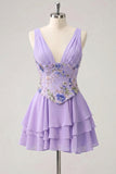 Abito di Homecoming a A-Line rosa floreale a V, con paillettes a livelli e pizzo sulla schiena