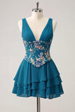 Abito di Homecoming a A-Line rosa floreale a V, con paillettes a livelli e pizzo sulla schiena