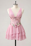 Abito di Homecoming a A-Line rosa floreale a V, con paillettes a livelli e pizzo sulla schiena