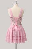 Abito di Homecoming a A-Line rosa floreale a V, con paillettes a livelli e pizzo sulla schiena