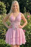 Abito di Homecoming a A-Line rosa floreale a V, con paillettes a livelli e pizzo sulla schiena