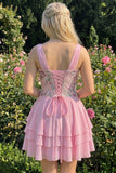 Abito di Homecoming a A-Line rosa floreale a V, con paillettes a livelli e pizzo sulla schiena