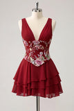 Abito di Homecoming a A-Line rosa floreale a V, con paillettes a livelli e pizzo sulla schiena