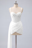 Corsetto rosa bodycon pieno arricciato con perline e vestito da homecoming con fascia