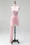 Corsetto rosa bodycon pieno arricciato con perline e vestito da cocktail con fascia