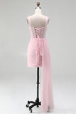 Corsetto rosa bodycon pieno arricciato con perline e vestito da cocktail con fascia