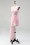 Corsetto rosa bodycon pieno arricciato con perline e vestito da cocktail con fascia