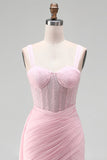 Corsetto rosa bodycon pieno arricciato con perline e vestito da cocktail con fascia