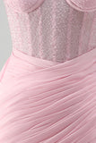 Corsetto rosa bodycon pieno arricciato con perline e vestito da cocktail con fascia