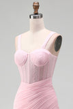 Corsetto rosa bodycon pieno arricciato con perline e vestito da cocktail con fascia