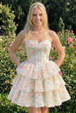 Corsetto floreale rosa a livelli a livelli Sweetheart Abito corto di ritorno a casa
