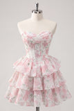 Corsetto floreale rosa a livelli a livelli Sweetheart Abito corto di ritorno a casa