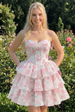 Corsetto floreale rosa a livelli a livelli Sweetheart Abito corto di ritorno a casa