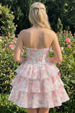 Corsetto floreale rosa a livelli a livelli Sweetheart Abito corto di ritorno a casa