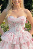 Corsetto floreale rosa a livelli a livelli Sweetheart Abito corto di ritorno a casa