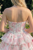 Corsetto floreale rosa a livelli a livelli Sweetheart Abito corto di ritorno a casa