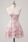 Abito rosa a spalline floreali a spalline a livello rosa con volant