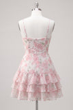 Abito rosa a spalline floreali a spalline a livello rosa con volant