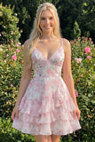 Abito rosa a spalline floreali a spalline a livello rosa con volant
