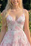 Abito rosa a spalline floreali a spalline a livello rosa con volant