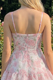 Abito rosa a spalline floreali a spalline a livello rosa con volant
