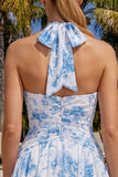 Abito di Homecoming a a linea azzurro chiaro con collo a cappelli a fiori e rugati