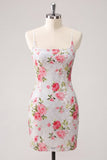 Bodycon bianco scintillante con spalline spalmanti, paillettes floreali abito di ritorno a casa, con pizzo sulla schiena