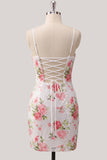 Bodycon bianco scintillante con spalline spalmanti, paillettes floreali abito di ritorno a casa, con pizzo sulla schiena