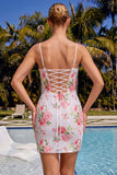 Bodycon bianco scintillante con spalline spalmanti, paillettes floreali abito di ritorno a casa, con pizzo sulla schiena