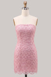 Vestito corto del cerimonia rosa rosa aderente con pizzo floreale e laccetto sulla schiena