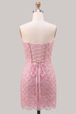 Vestito corto del cerimonia rosa rosa aderente con pizzo floreale e laccetto sulla schiena