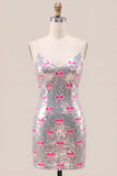 Vestito bodycon da ritorno a casa con fiocco con spalline rosa scintillanti con spalline rosa