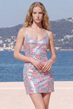 Vestito bodycon da ritorno a casa con fiocco con spalline rosa scintillanti con spalline rosa