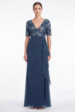 Abito lungo Madre della Sposa con scollo a V e scollo a V in sirena blu navy con volant