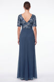Abito lungo Madre della Sposa con scollo a V e scollo a V in sirena blu navy con volant