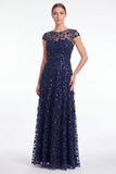 Abito lungo da madre della sposa con scollo tondo blu navy a linea A