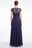 Abito lungo da madre della sposa con scollo tondo blu navy a linea A