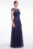 Abito lungo da madre della sposa con scollo tondo blu navy a linea A