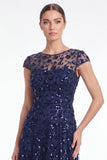 Abito lungo da madre della sposa con scollo tondo blu navy a linea A