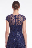 Abito lungo da madre della sposa con scollo tondo blu navy a linea A
