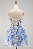 Fiore bianco blu Corsetto trasparente senza spalline Abito cortino a linee a livelli per il ritorno a casa con pizzo sulla schiena