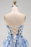 Fiore bianco blu Corsetto trasparente senza spalline Abito cortino a linee a livelli per il ritorno a casa con pizzo sulla schiena