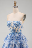 Fiore bianco blu Corsetto trasparente senza spalline Abito cortino a linee a livelli per il ritorno a casa con pizzo sulla schiena