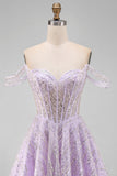 Corsetto lillà a spalle scoperte paillettes Abito corto di cocktail a linea A con pizzo sulla schiena