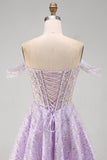 Corsetto lillà a spalle scoperte paillettes Abito corto di cocktail a linea A con pizzo sulla schiena
