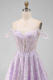 Corsetto lillà a spalle scoperte paillettes Abito corto di cocktail a linea A con pizzo sulla schiena