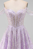 Corsetto lillà a spalle scoperte paillettes Abito corto di cocktail a linea A con pizzo sulla schiena