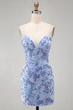 Bodycon blu con spalline spaghetti con pizzi sul retro Abito corto del ritorno a casa con perline
