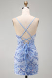 Bodycon blu con spalline spaghetti con pizzi sul retro Abito corto del ritorno a casa con perline
